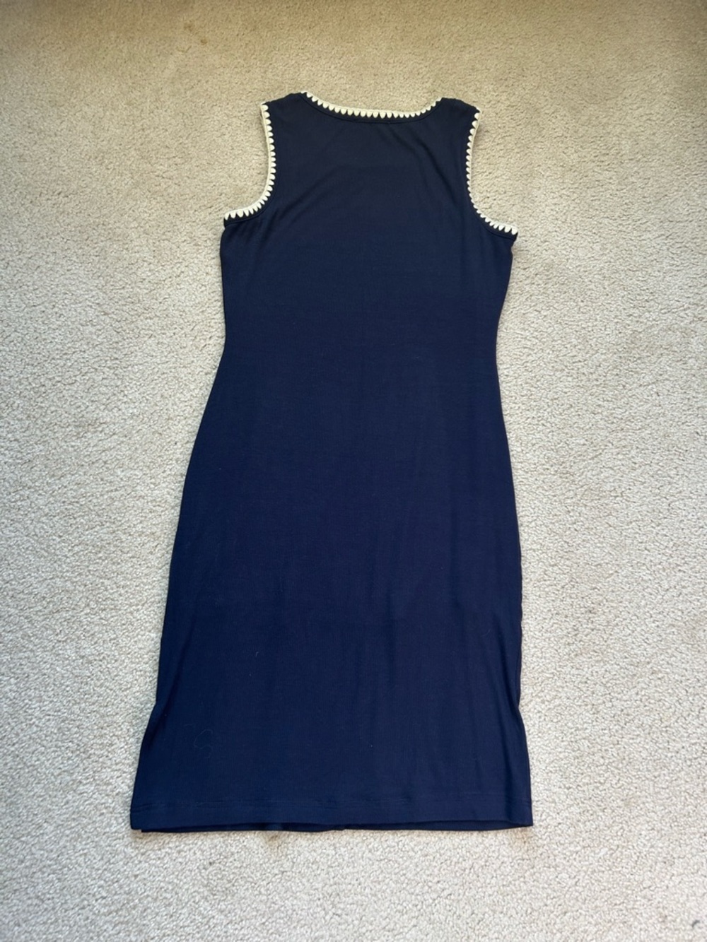Lucky Brand Navy Sleeveless Shift Dress | Scalloped Crochet Trim Boho Mini M - Picture 4 of 7
